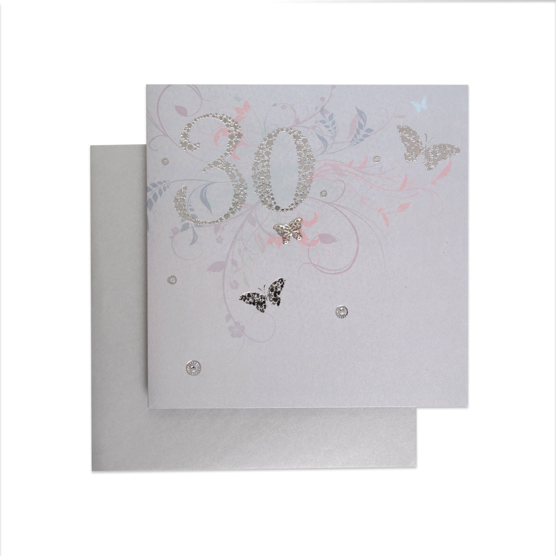 Sparkling New Decade Elegant 30th Birthday Card featuring floral flourishes, butterflies, and metallic details, flat lay view with envelope.