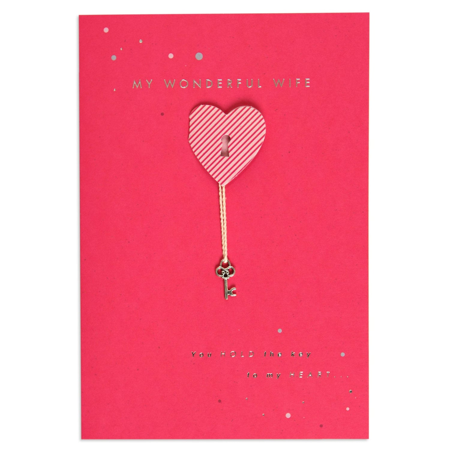 Beautiful & Sentimental Key To My Heart Wife Birthday Card features a pink background, striped heart cutout, and a key attachment.