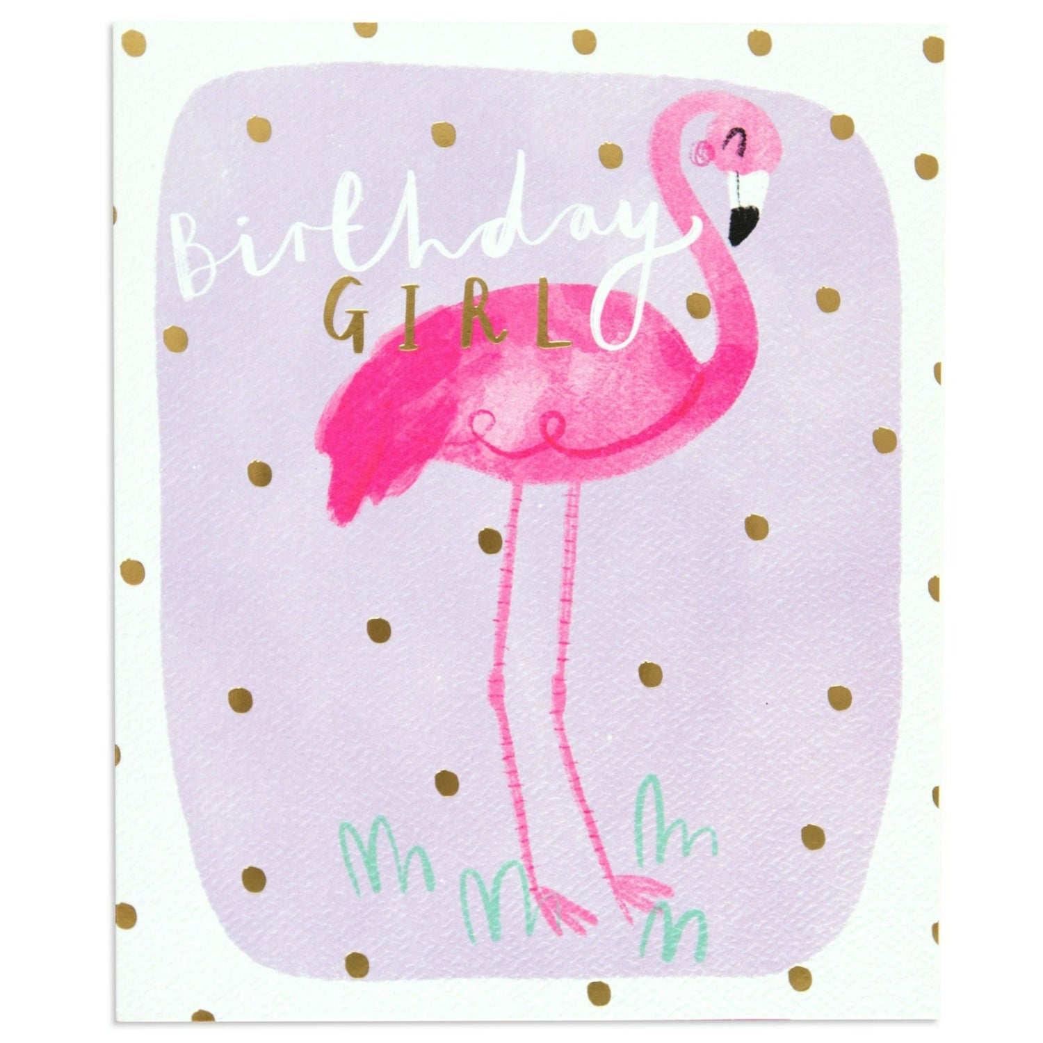 Sweet Polka Dot Flamingo Birthday Card features a pink flamingo illustration with gold foil details and polka dots.