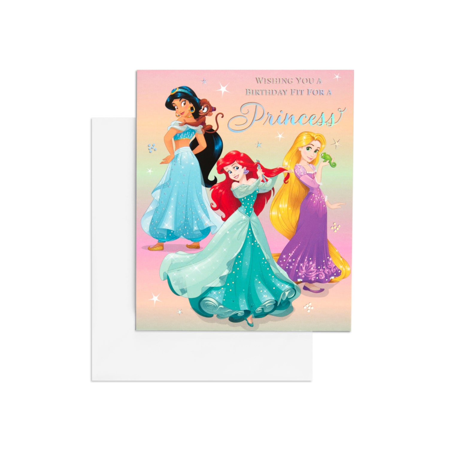 Disney Princess Activity Birthday Card featuring Princess Jasmine, Ariel and Rapunzel in vibrant gowns against a pastel background.