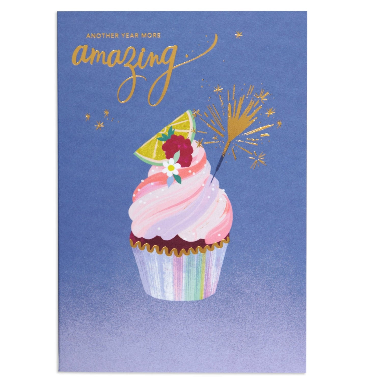 Another Year More Amazing Cupcake Birthday Card featuring a colourful cupcake illustration with gold foil accents on a purple background.