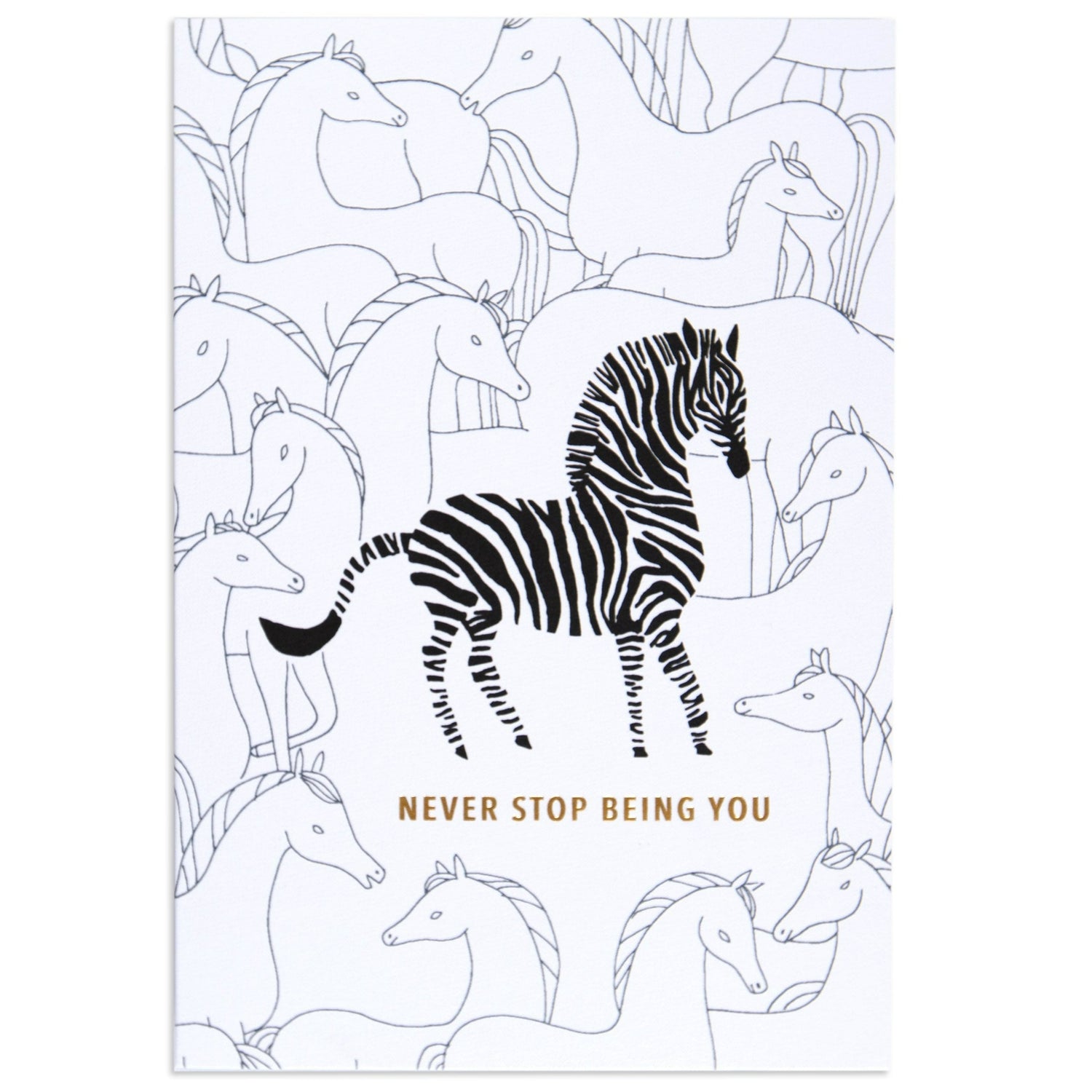 Fun Zebra Birthday Card featuring a bold zebra illustration among line drawings of horses with a gold foil message.