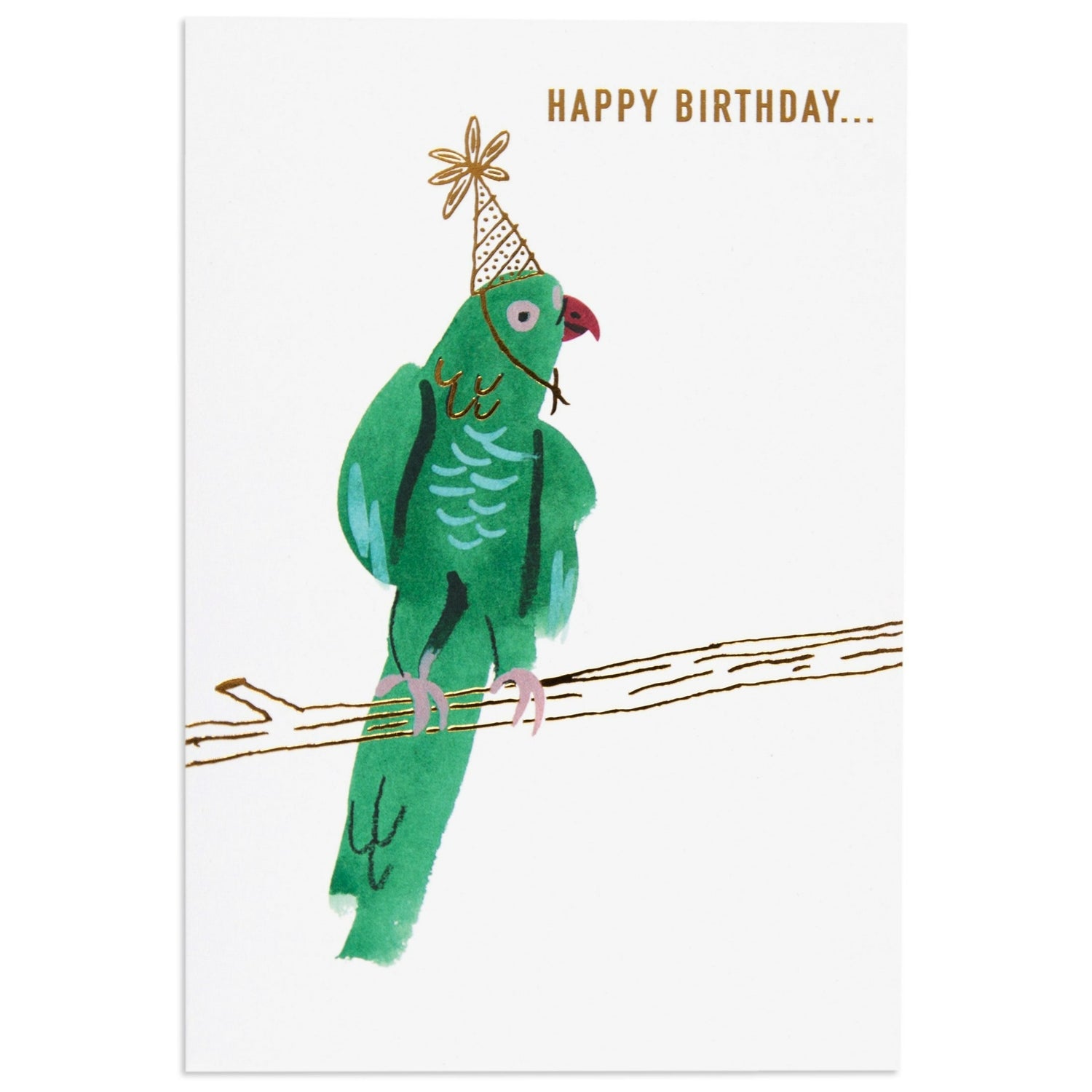 Party Parrot Funny Birthday card featuring a green parrot in a party hat on a branch, with gold foil details.