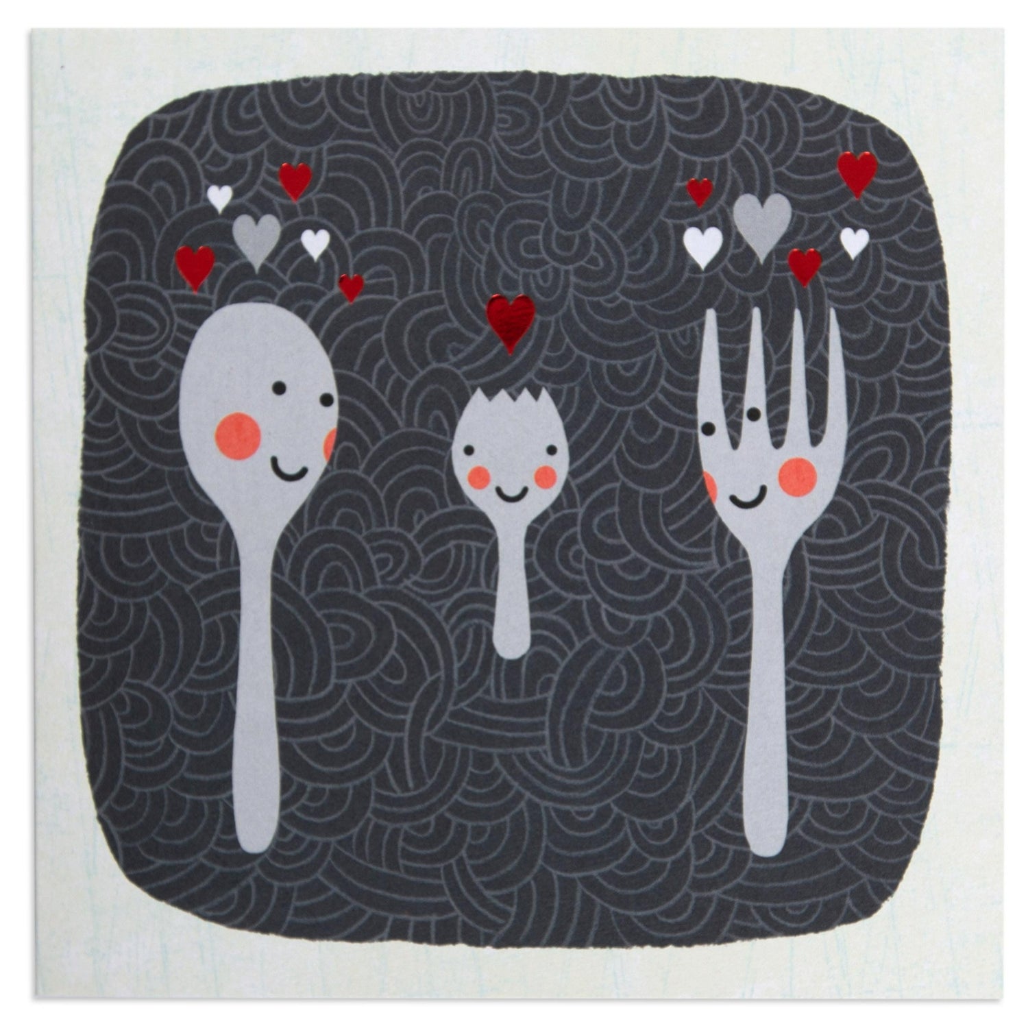 Cute new baby congratulations card featuring a spoon, fork, and baby spork with heart accents on a textured grey background.