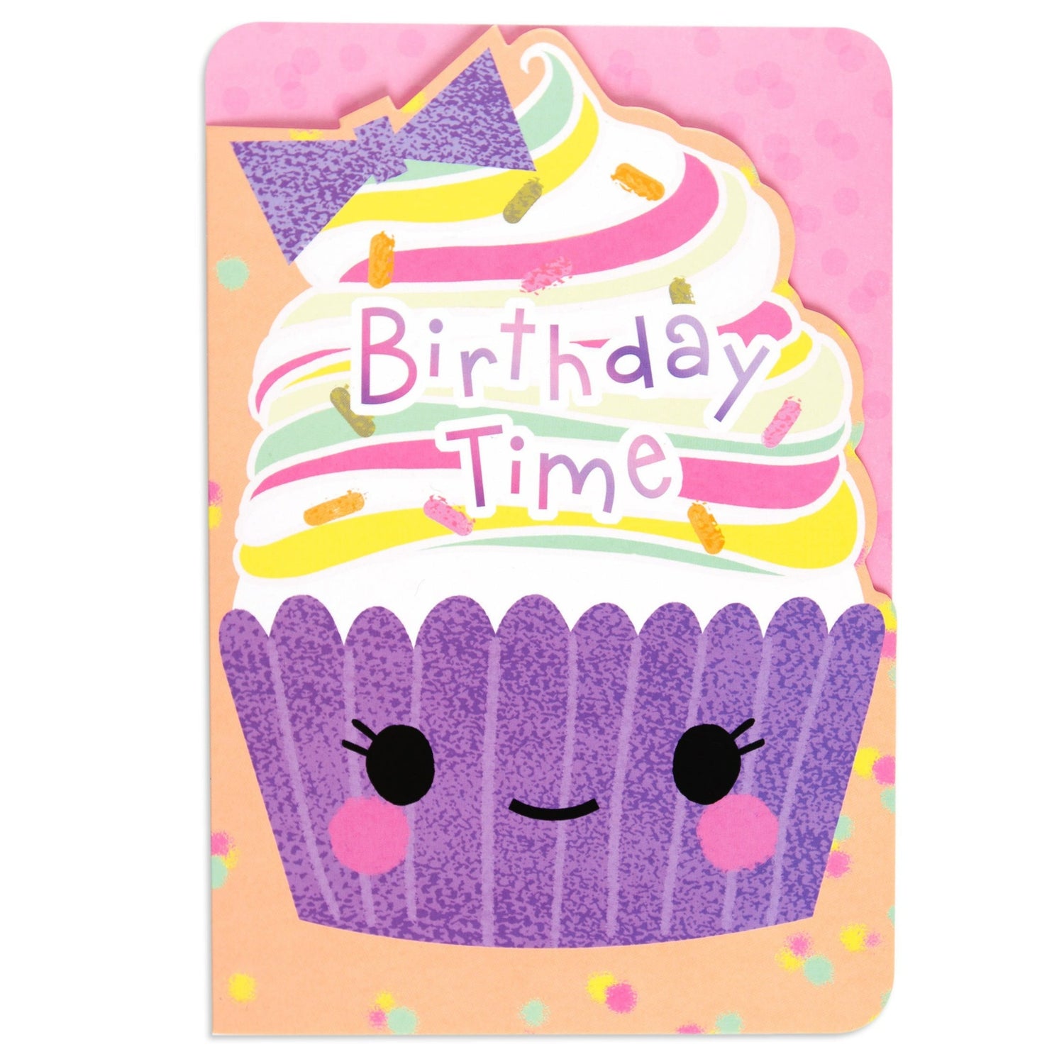 Colourful Happy Cupcake Birthday Card with die-cut edges, featuring a smiling cupcake illustration and birthday message.