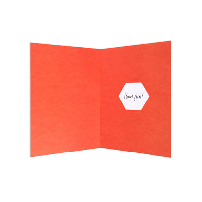 Hallmark Father's Day Card - Dad's To Do List with vibrant orange interior and white hexagon featuring the message 'Have fun!'.