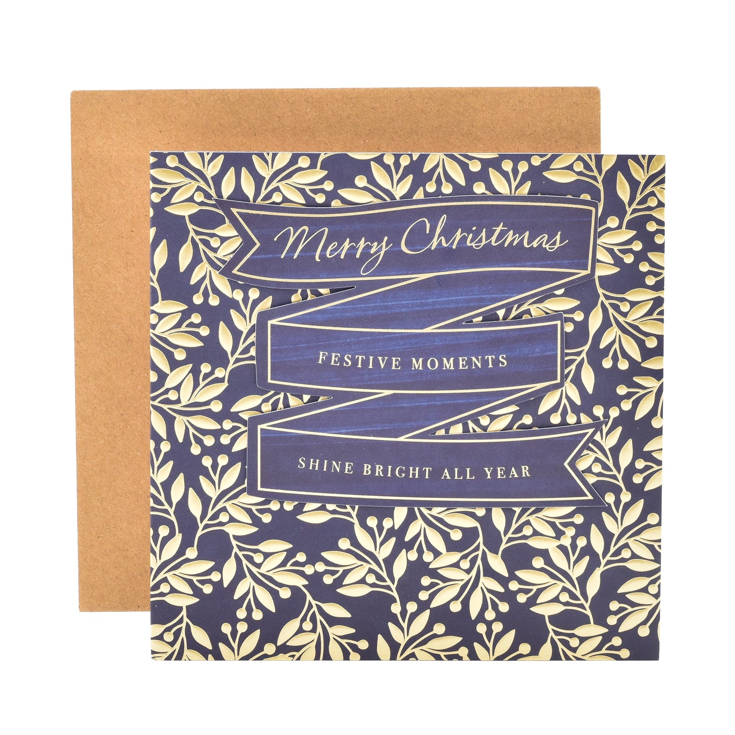 Hallmark Christmas Card - Elegant Gold & Black with floral design and kraft envelope, showcasing festive message and gold accents.