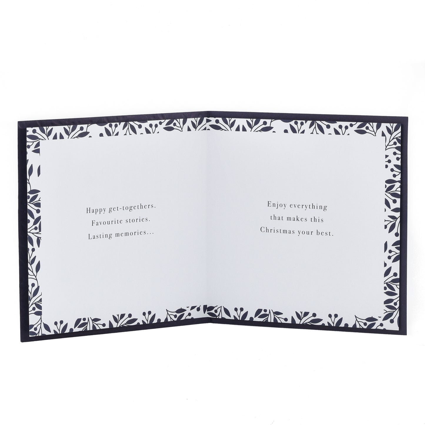 Hallmark Christmas Card - Elegant Gold & Black showing the inside with floral border and Christmas greetings in elegant font.