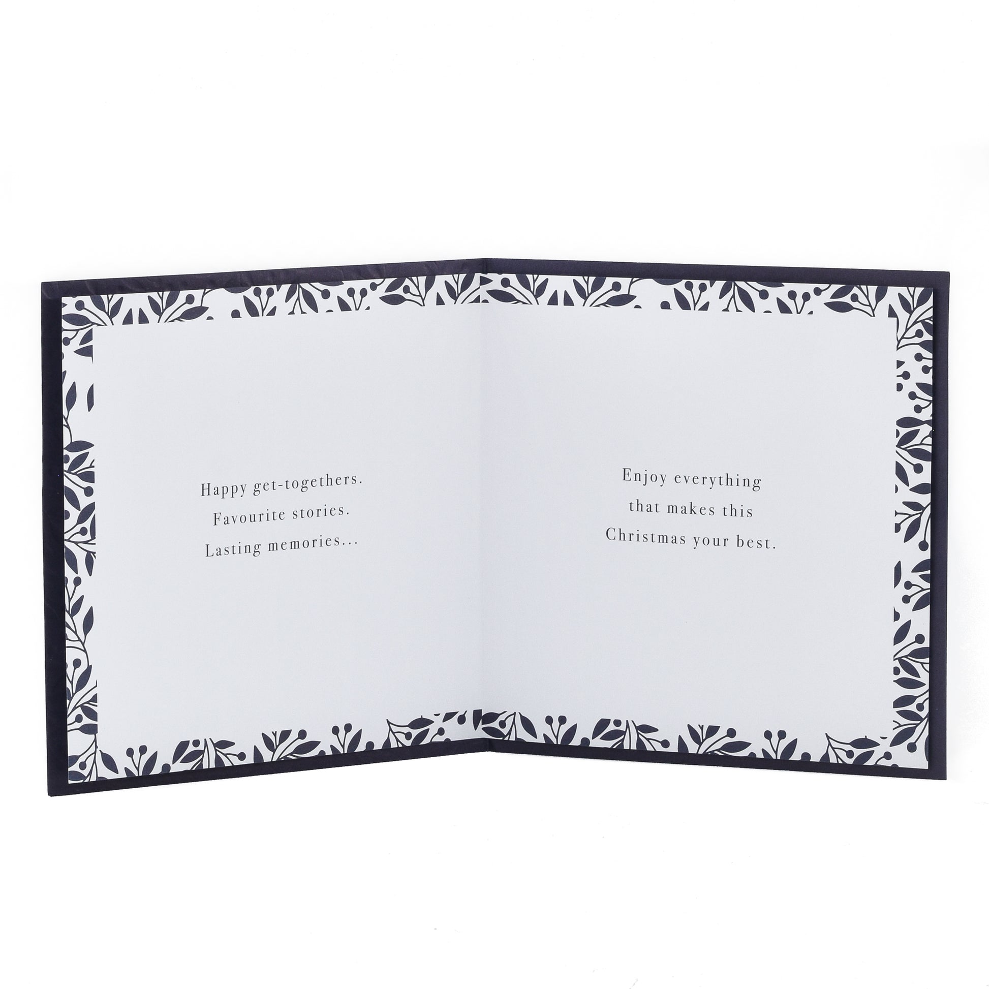 Hallmark Christmas Card - Elegant Gold & Black showing the inside with floral border and Christmas greetings in elegant font.