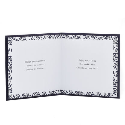 Hallmark Christmas Card - Elegant Gold & Black showing the inside with floral border and Christmas greetings in elegant font.
