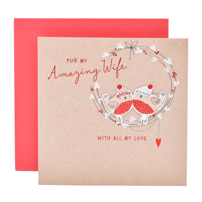 Hallmark Christmas Card For Wife - Love Birds featuring two illustrated birds in a wreath with red foil details and matching envelope.