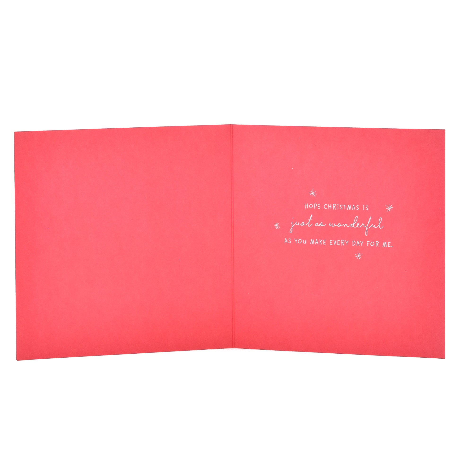 Hallmark Christmas Card For Wife - Love Birds inside view with heartfelt message on bright red cardstock featuring silver text decoration.