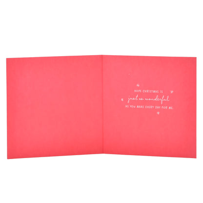 Hallmark Christmas Card For Wife - Love Birds inside view with heartfelt message on bright red cardstock featuring silver text decoration.