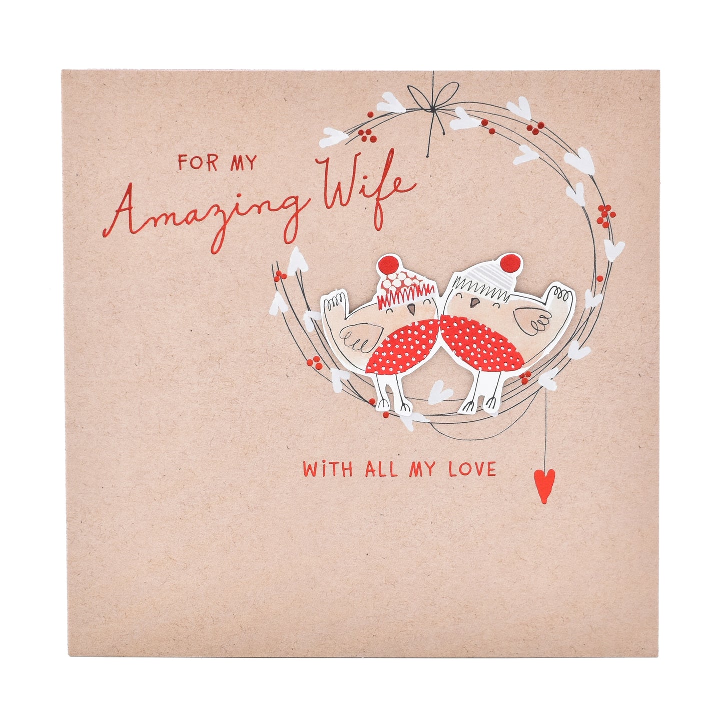 Hallmark Christmas card for wife - Love Birds, illustrated design with two birds in a wreath, featuring red foil accents and heartfelt message.
