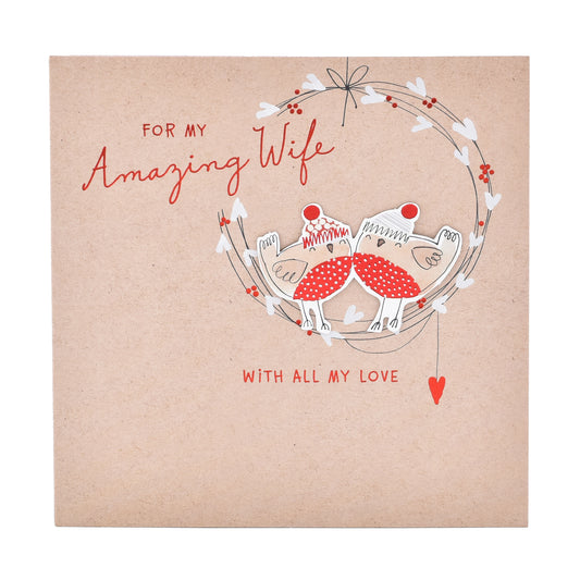Hallmark Christmas card for wife - Love Birds, illustrated design with two birds in a wreath, featuring red foil accents and heartfelt message.