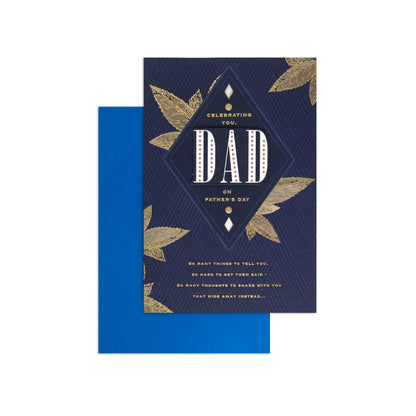 Hallmark Father's Day Card - "Celebrating You, Dad" with navy and gold design, featuring textured background and blue envelope.