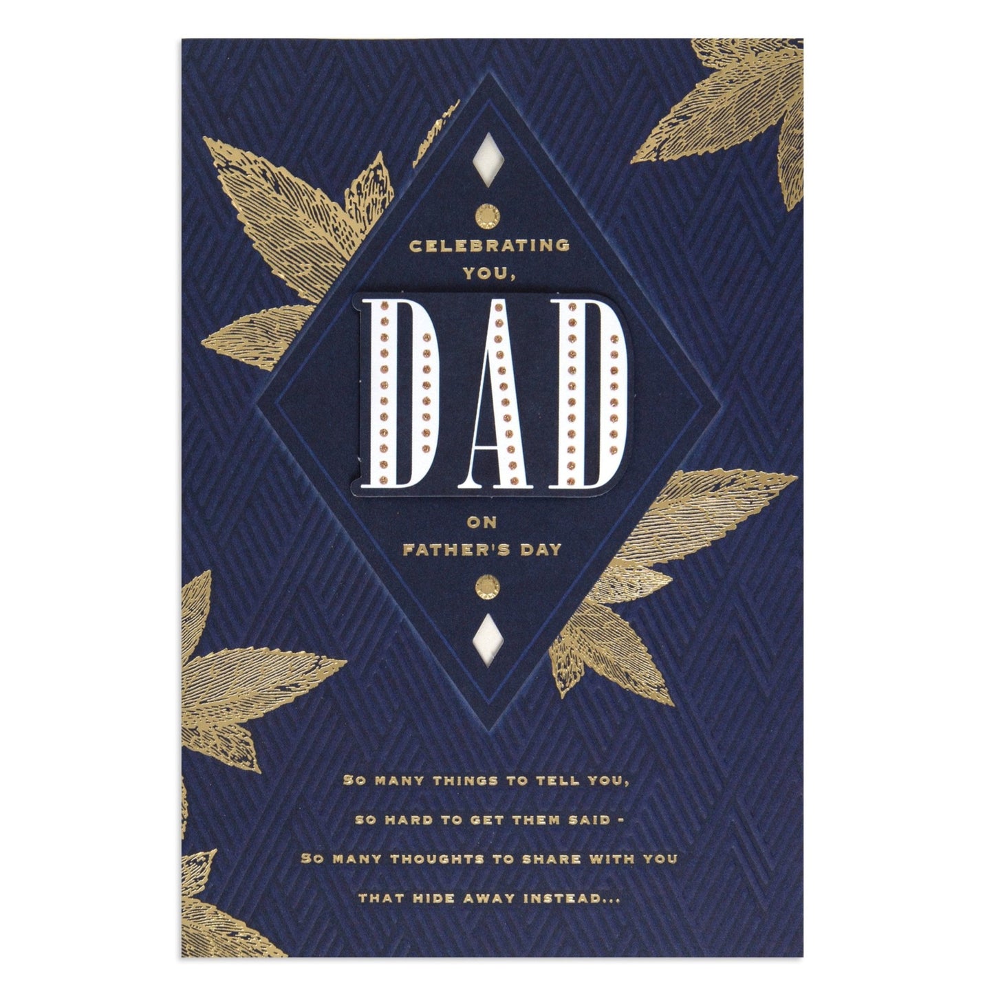 Hallmark Father's Day Card - "Celebrating You, Dad" with gold foil accents, navy background, flat lay view showcasing design details.