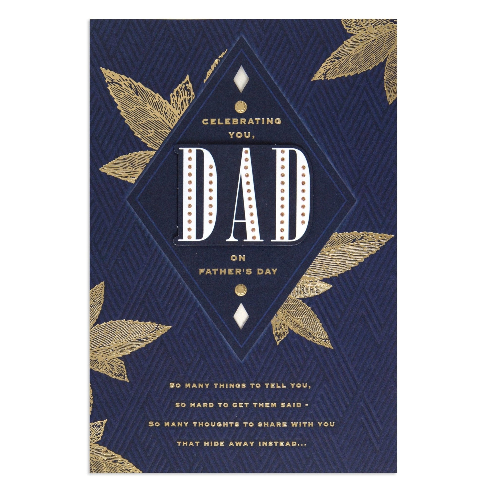 Hallmark Father's Day Card - "Celebrating You, Dad" with gold foil accents, navy background, flat lay view showcasing design details.