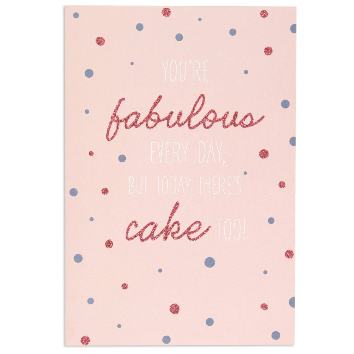 Fabulous Every Day Cheerful Birthday Card featuring pink glitter, polka dots, and a cheerful birthday message in pastel colours.