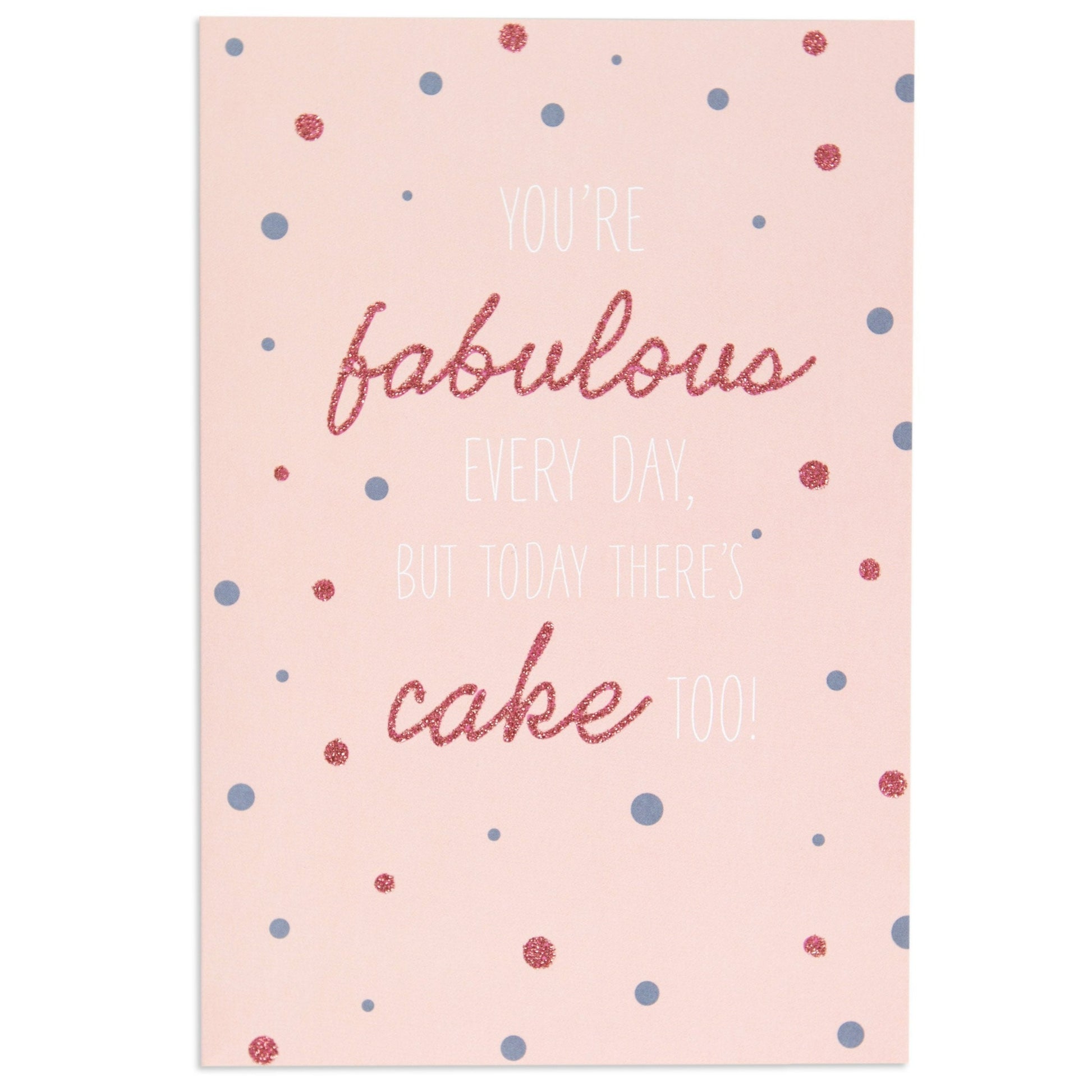 Fabulous Every Day Cheerful Birthday Card featuring pink glitter, polka dots, and a cheerful birthday message in pastel colours.