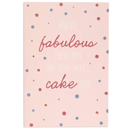 Fabulous Every Day Cheerful Birthday Card featuring pink glitter, polka dots, and a cheerful birthday message in pastel colours.
