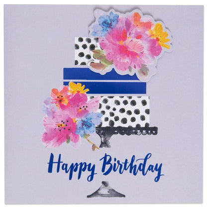 Stylish Cake Floral Birthday Card with pink flowers, metallic blue accents and die-cut embellishment, displayed flat.