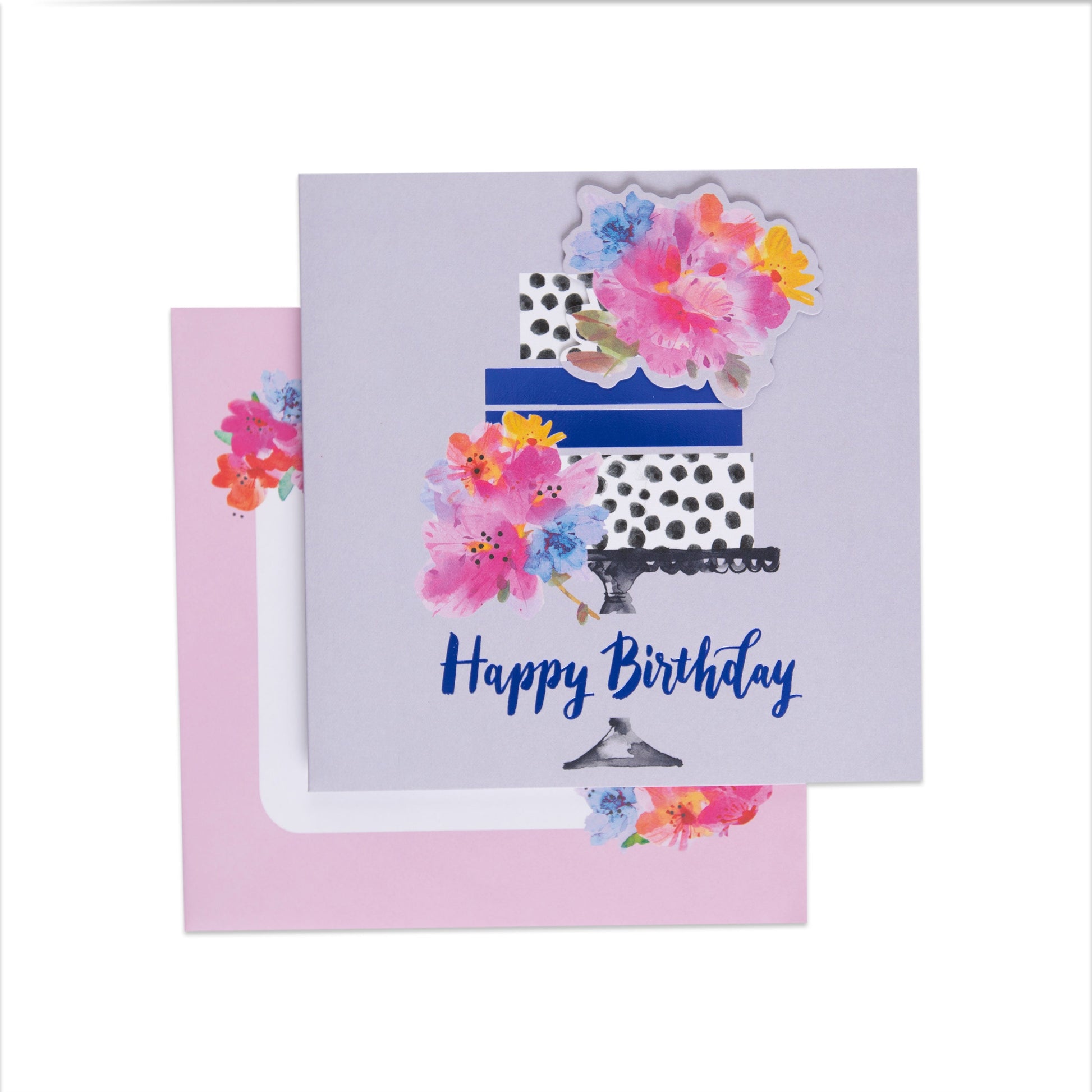 Stylish Cake Floral Birthday Card with colourful floral design, die-cut details, and a pink envelope featuring floral illustration.