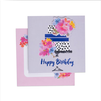 Stylish Cake Floral Birthday Card with colourful floral design, die-cut details, and a pink envelope featuring floral illustration.