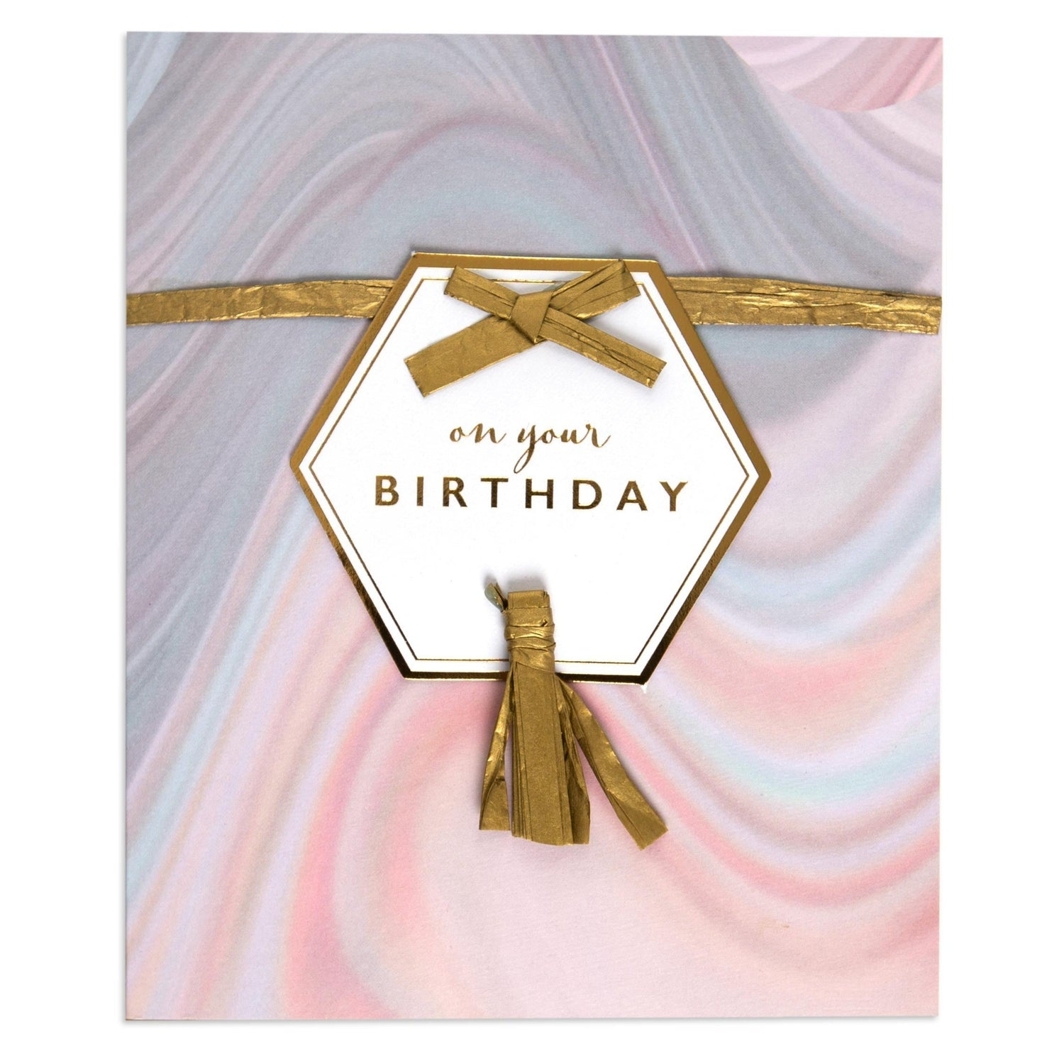 Agate Luxe Contemporary Gold Birthday Card featuring a soft agate background with gold foil detailing and a decorative tassel.
