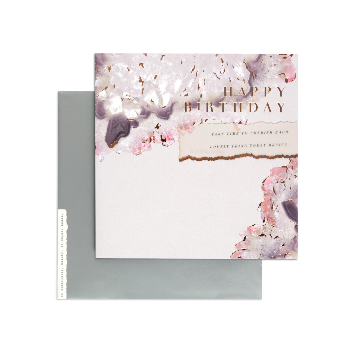 Elegant Agate Crystal Birthday Card with rose gold foil and floral design, flat lay with silver envelope.