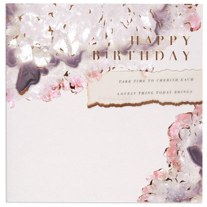 Elegant Agate Crystal Birthday Card with rose gold foil text and crystal design, featuring a floral border and celebratory message.