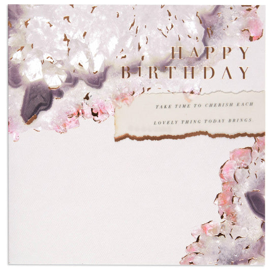 Elegant Agate Crystal Birthday Card with rose gold foil text and crystal design, featuring a floral border and celebratory message.