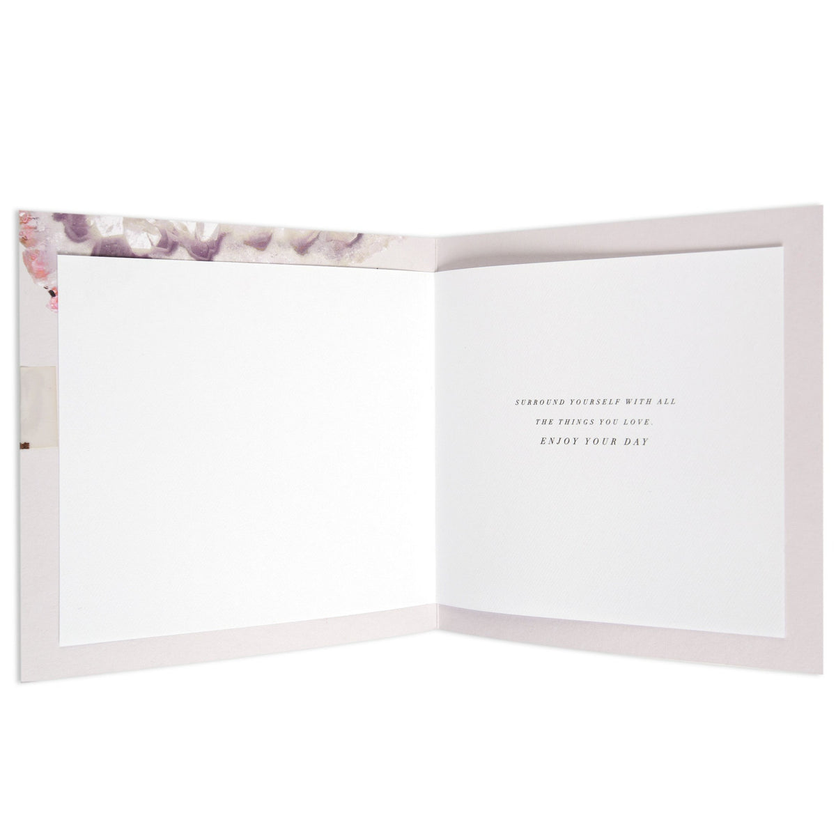 Elegant Agate Crystal Birthday Card, open view, blank left side, message on right side, soft pastel colours, elegant design