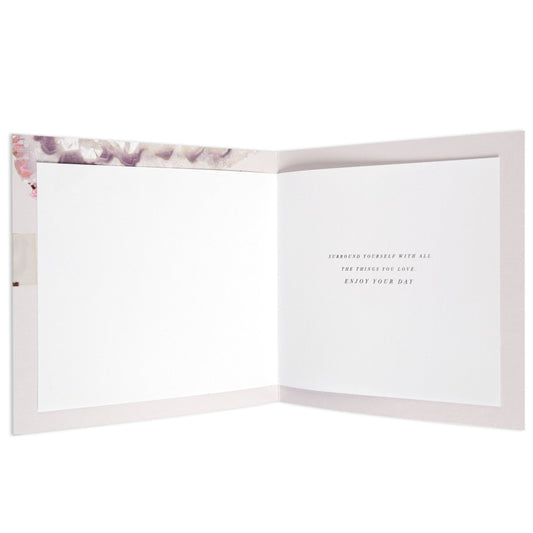 Elegant Agate Crystal Birthday Card, open view, blank left side, message on right side, soft pastel colours, elegant design