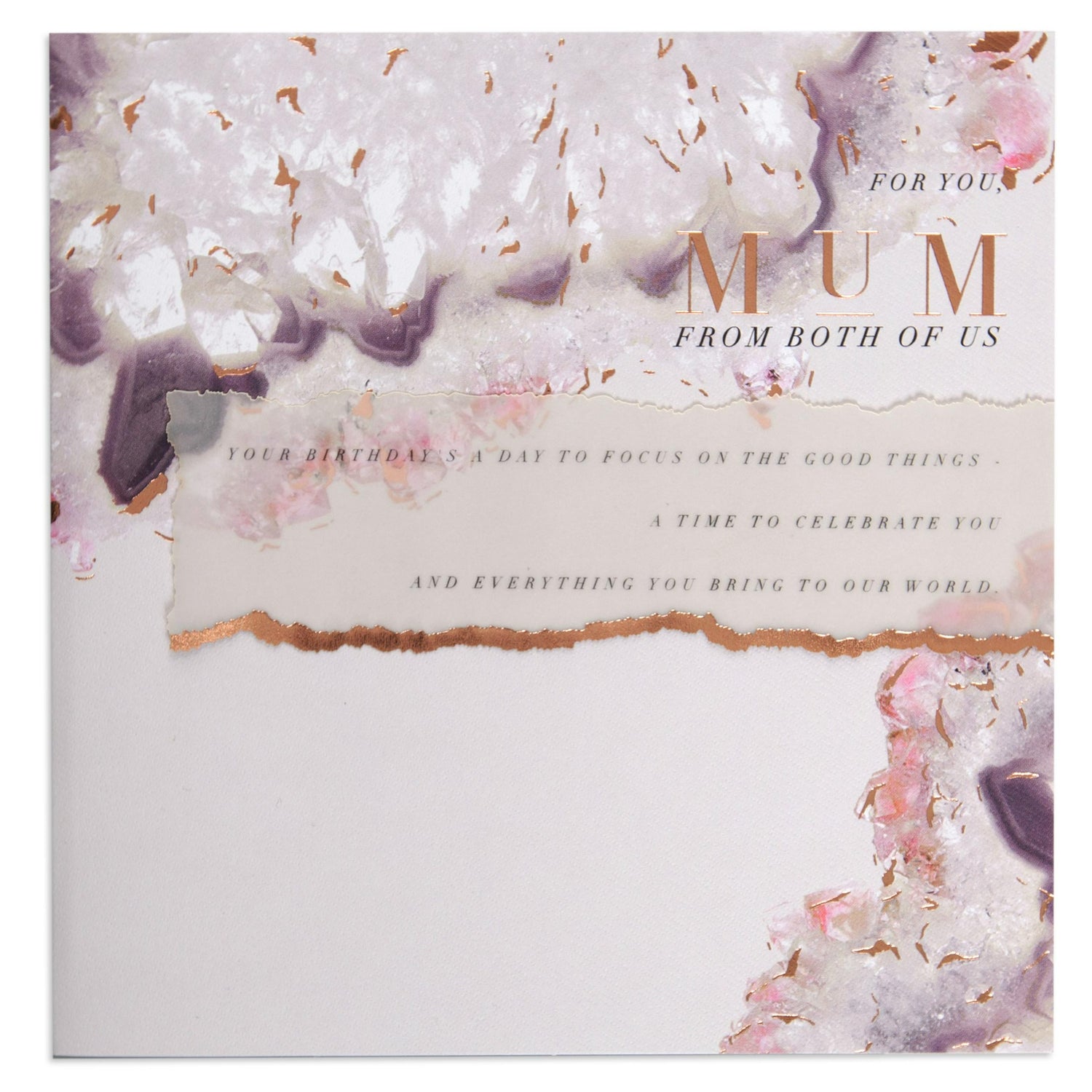 Beautiful Agate Crystal Mum Birthday Card with elegant floral design and gold foil accents, flat lay view.