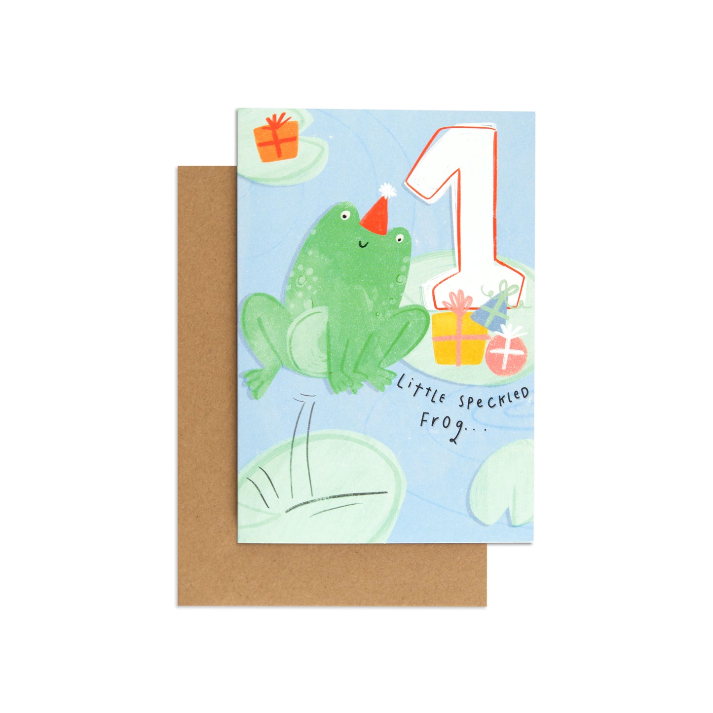 Little Speckled Frog Adorable 1st Birthday Card featuring a cute frog in a party hat with gifts against a blue background, flat lay