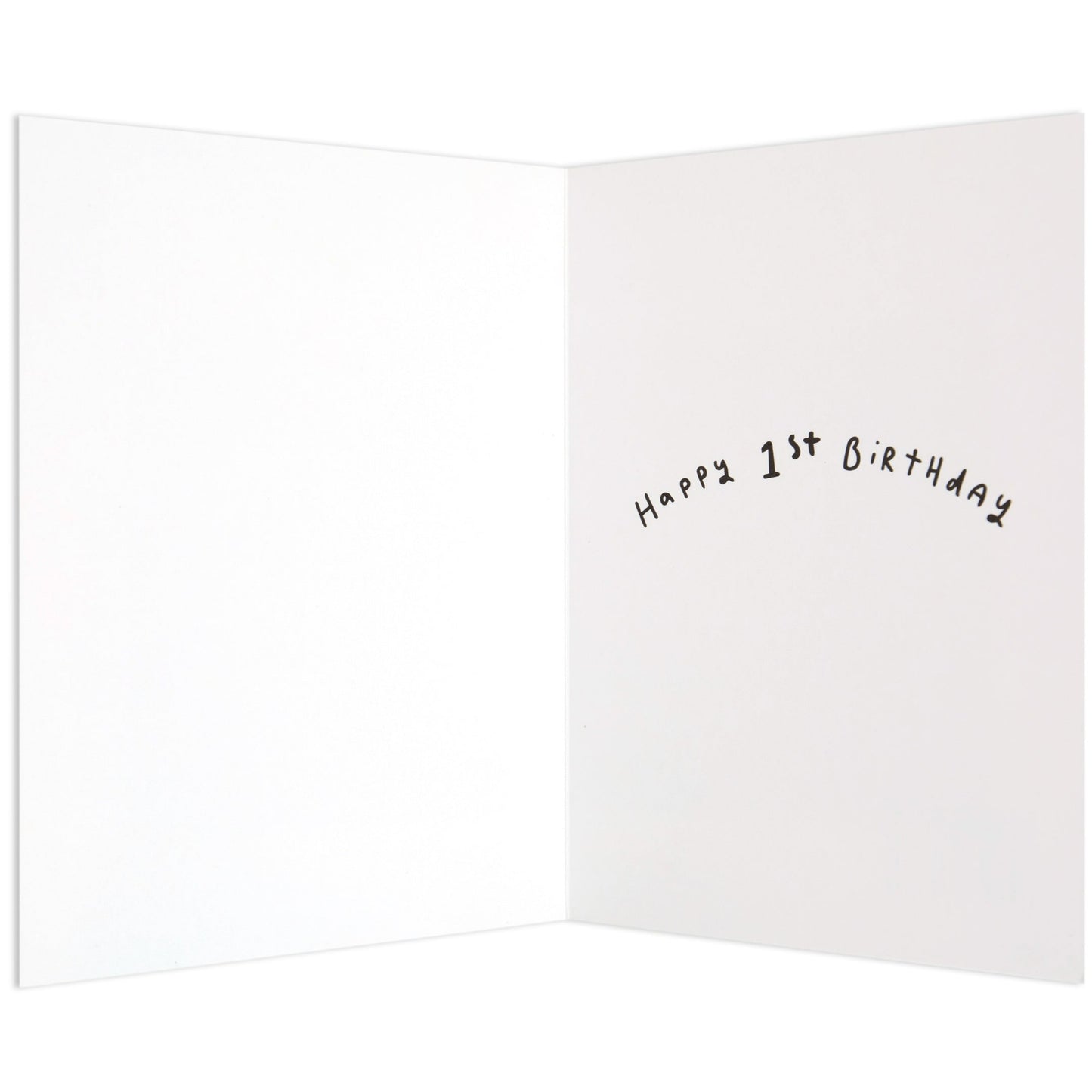 Little speckled frog adorable 1st birthday card, inside view, features handwritten text 'Happy 1st Birthday' on blank background.