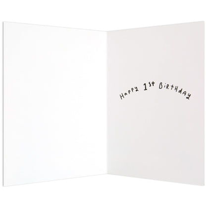 Little speckled frog adorable 1st birthday card, inside view, features handwritten text 'Happy 1st Birthday' on blank background.