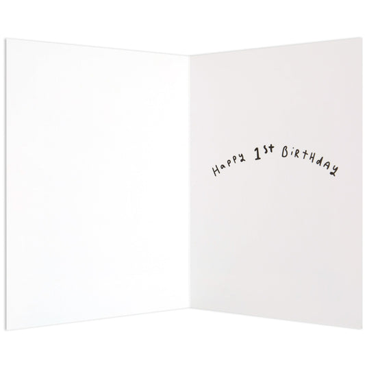 Little speckled frog adorable 1st birthday card, inside view, features handwritten text 'Happy 1st Birthday' on blank background.