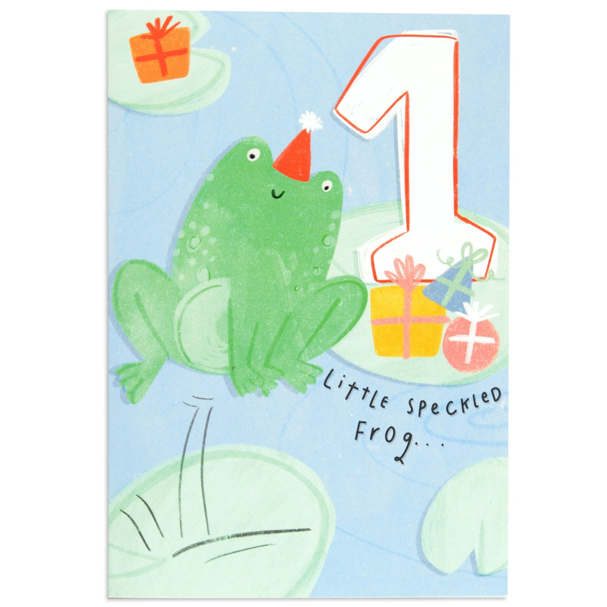 Little Speckled Frog Adorable 1st Birthday Card with a cheerful frog illustration, colourful gifts, and a large number 1 in a bright design.