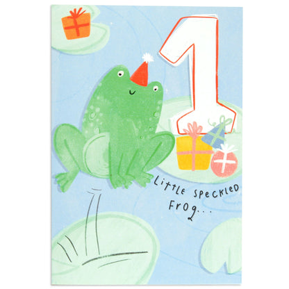 Little Speckled Frog Adorable 1st Birthday Card with a cheerful frog illustration, colourful gifts, and a large number 1 in a bright design.