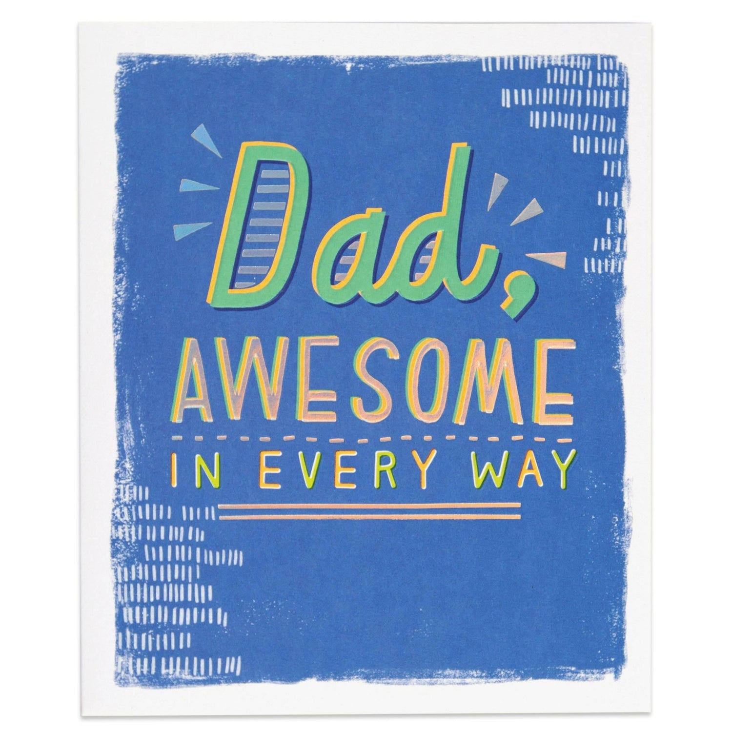 Awesome Dad Cheerful Birthday Card for Dad, vibrant blue design with colourful embossed text and decorative borders.