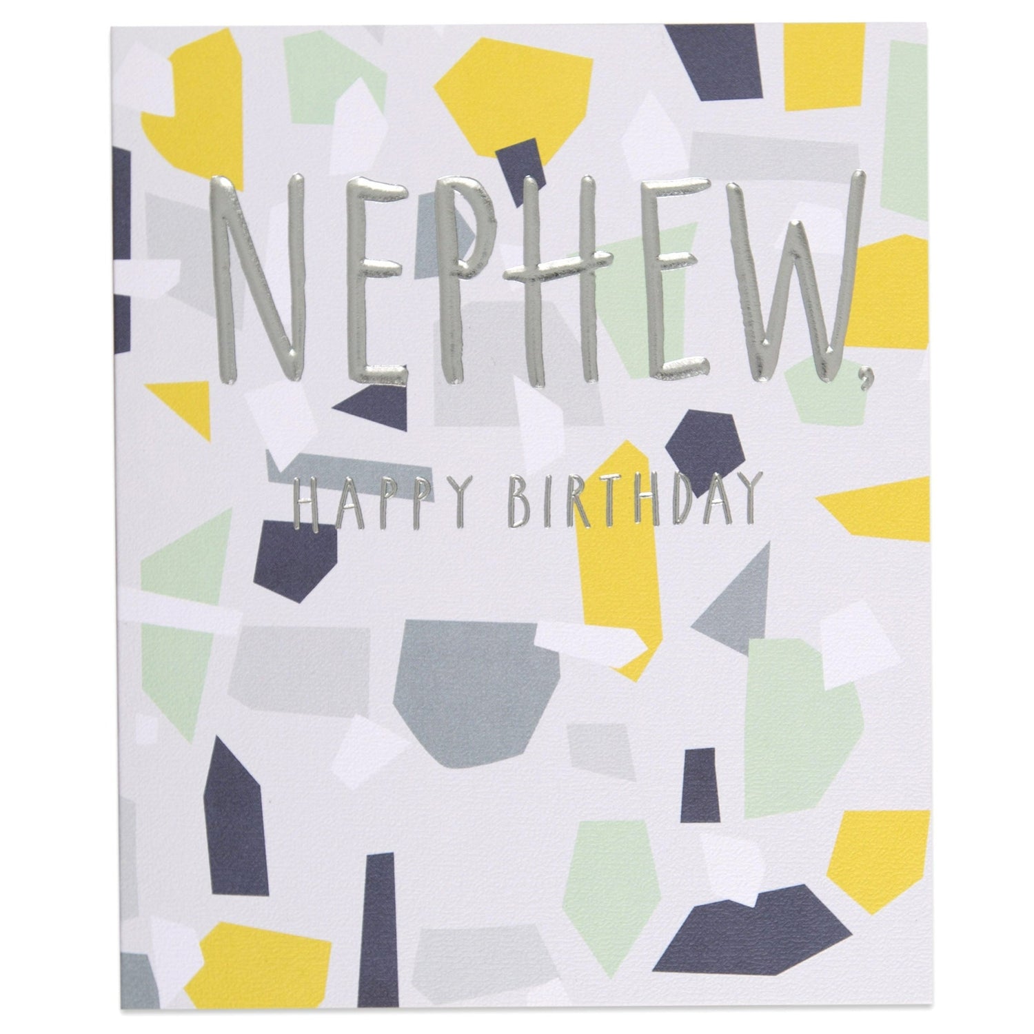 Contemporary birthday card for nephew featuring a colourful abstract print and embossed silver lettering.