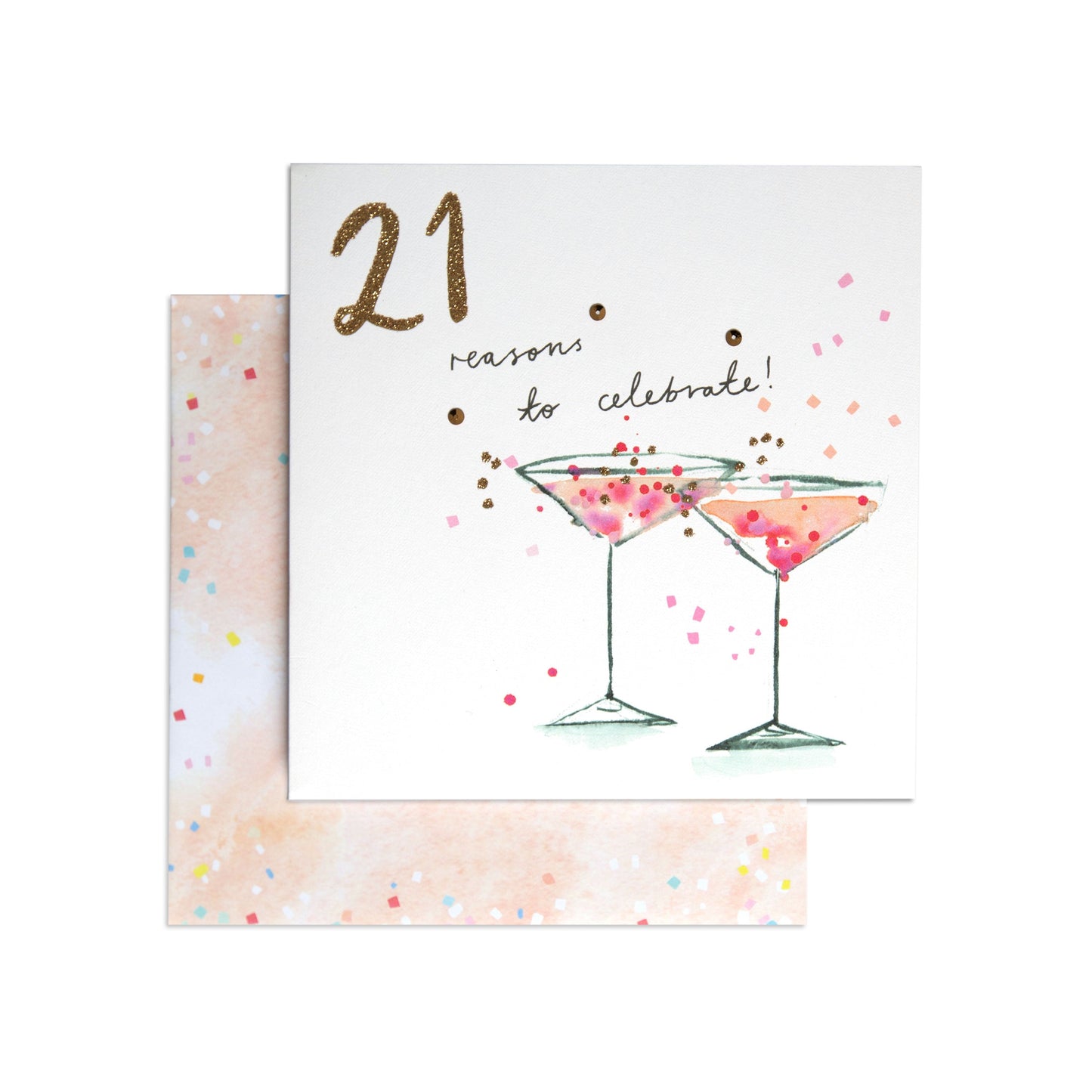 Reasons To Celebrate Classy 21st Birthday Card featuring two cocktails and pastel confetti, with decorative glitter accents.