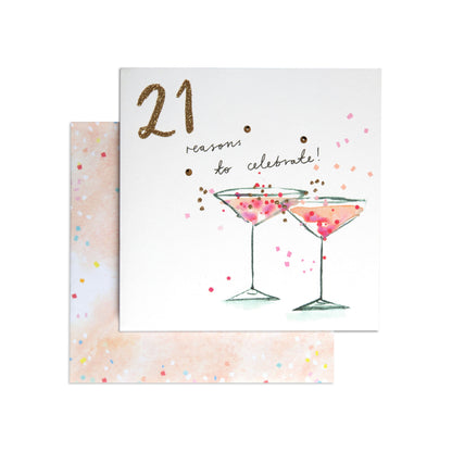 Reasons To Celebrate Classy 21st Birthday Card featuring two cocktails and pastel confetti, with decorative glitter accents.