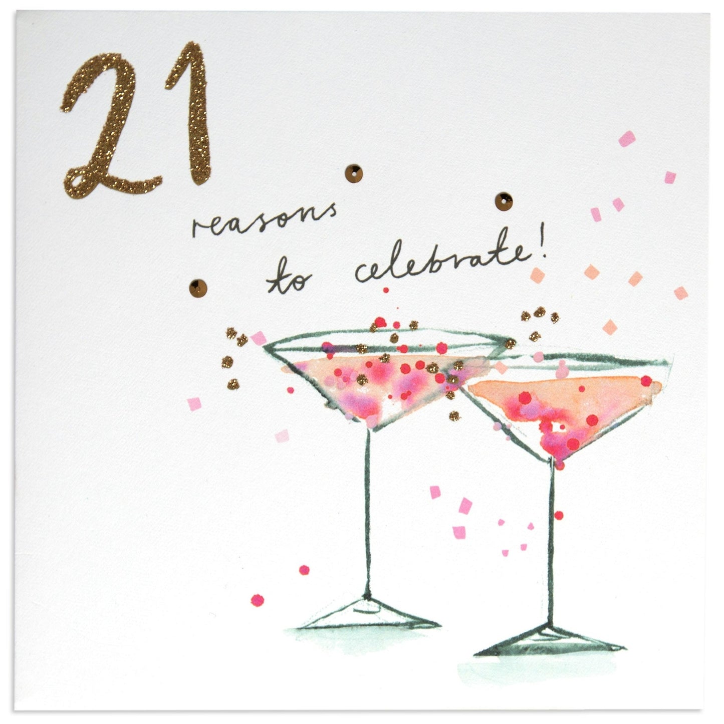 Reasons To Celebrate Classy 21st Birthday Card featuring two illustrated cocktails with pastel confetti detail.