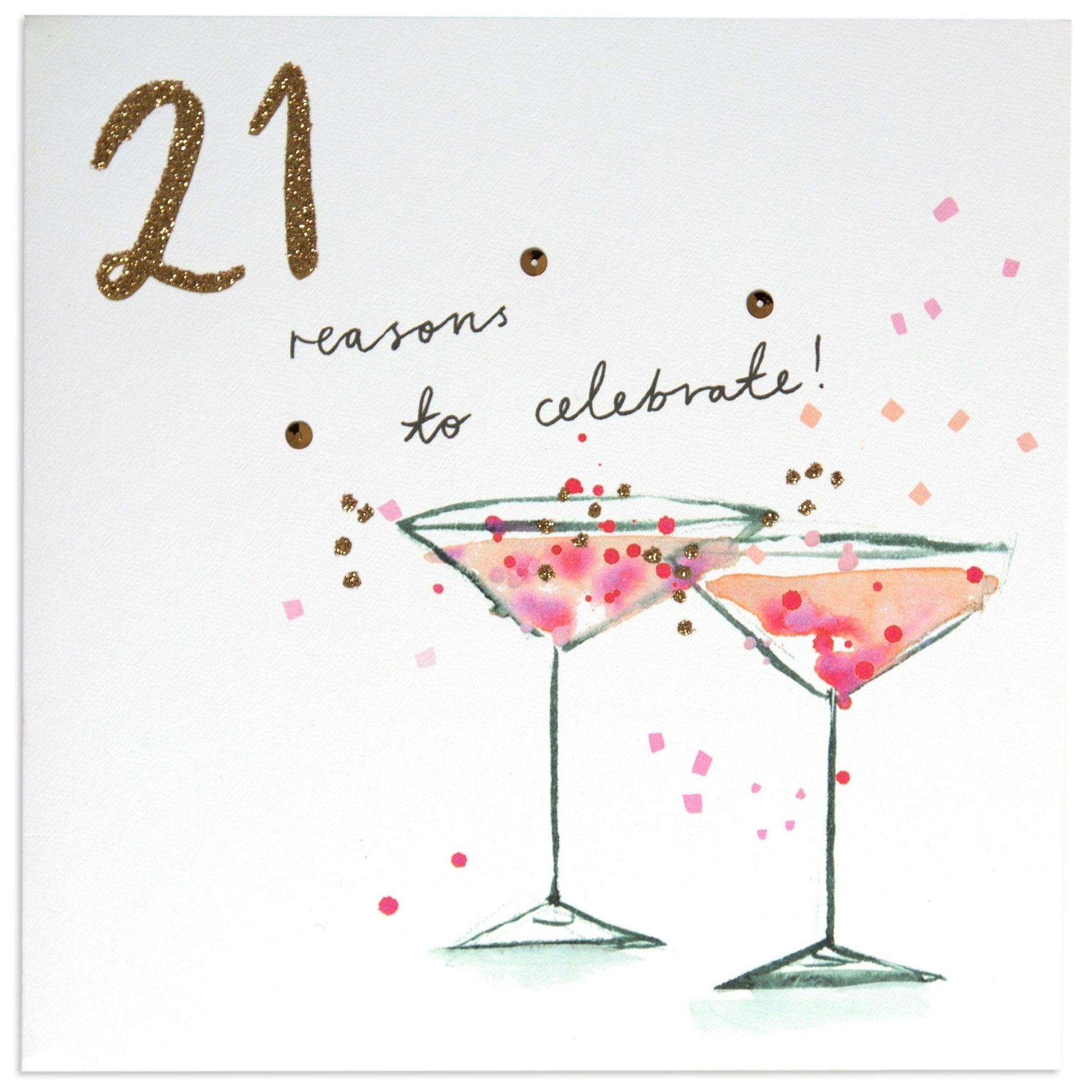 Reasons To Celebrate Classy 21st Birthday Card featuring two illustrated cocktails with pastel confetti detail.