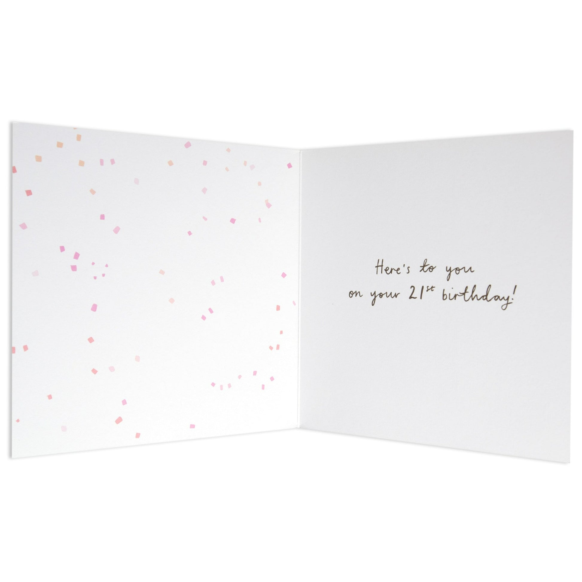 Reasons To Celebrate Classy 21st Birthday Card inner view featuring pastel confetti illustrations and a birthday message.