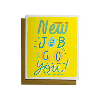 Neon New Job Celebration and Congratulations Card featuring vibrant yellow background and colourful text design, flat lay view.