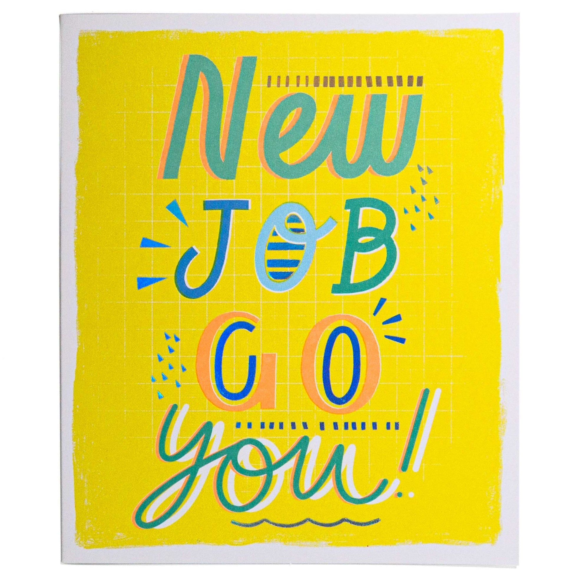 Neon New Job Celebration and Congratulations Card with vibrant yellow background and bold text design announcing 'New Job Go You!'